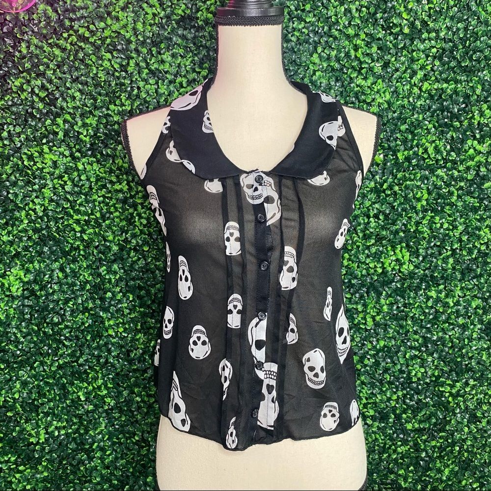 Sheer Black Sleeveless Skull Top Sz S